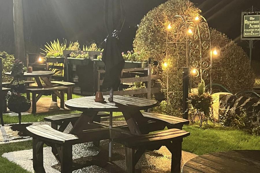Pub garden by night at the Dynevor Arms