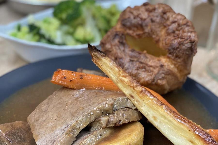 Roast dinner served at Cwm Farm Shop