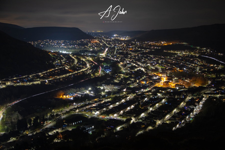 View from Llwynypia Mountain at night. Picture by Adam John